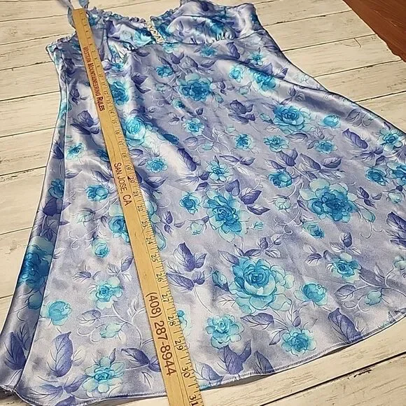 VTG 90sExpressions California Dynasty Blue Satin Floral Strappy Slip Dress Sz M - Picture 5 of 14